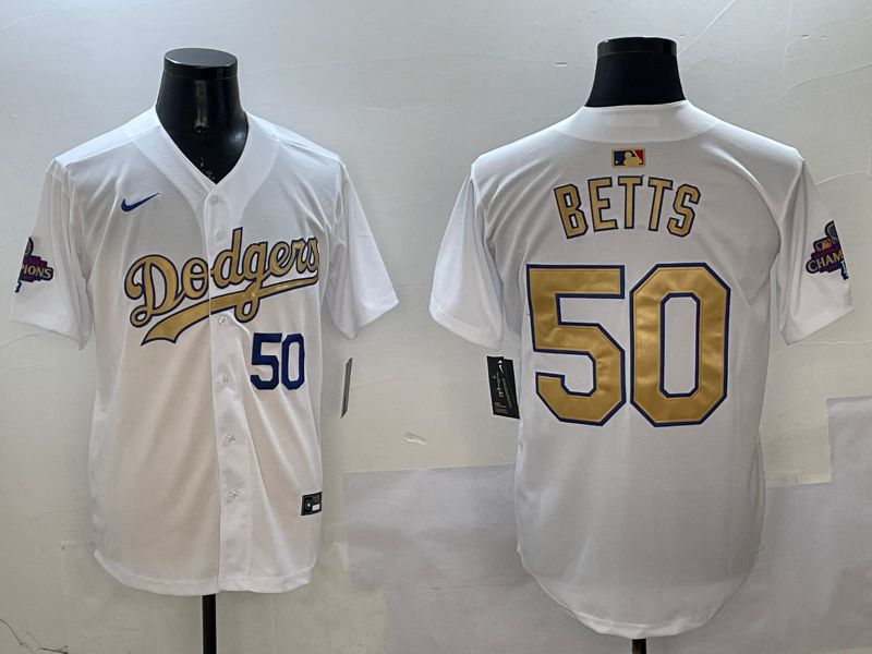 Men Los Angeles Dodgers 50 Betts White Champion gold character 2025 Nike MLB Jersey style 11